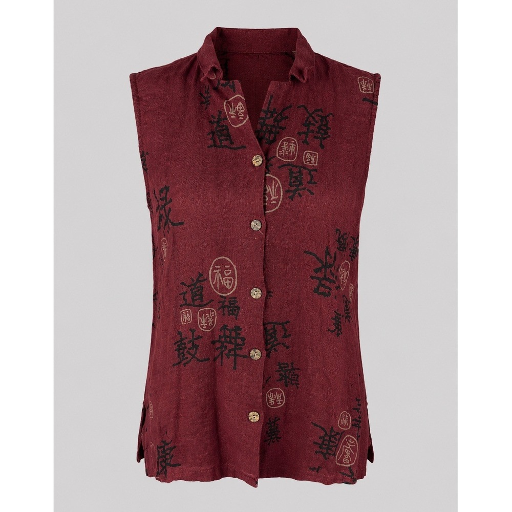Vintage Y2K CLIO 100% Linen Sleeveless Button Front Asian Print Blouse S USA